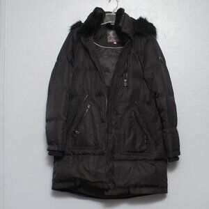 Vince Camuto down filled black long lined faux fur hooded coat